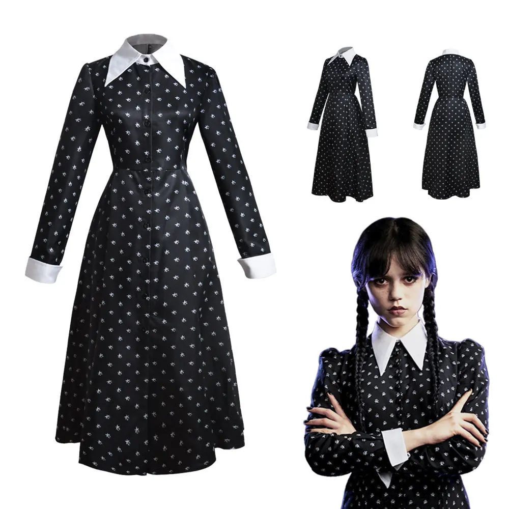 Cos Sunday Addams Family Kids Women Vintage Gothic Gomez Suits Outfit Halloween Cosplay Costume Addams Printing Dress Parrucche
