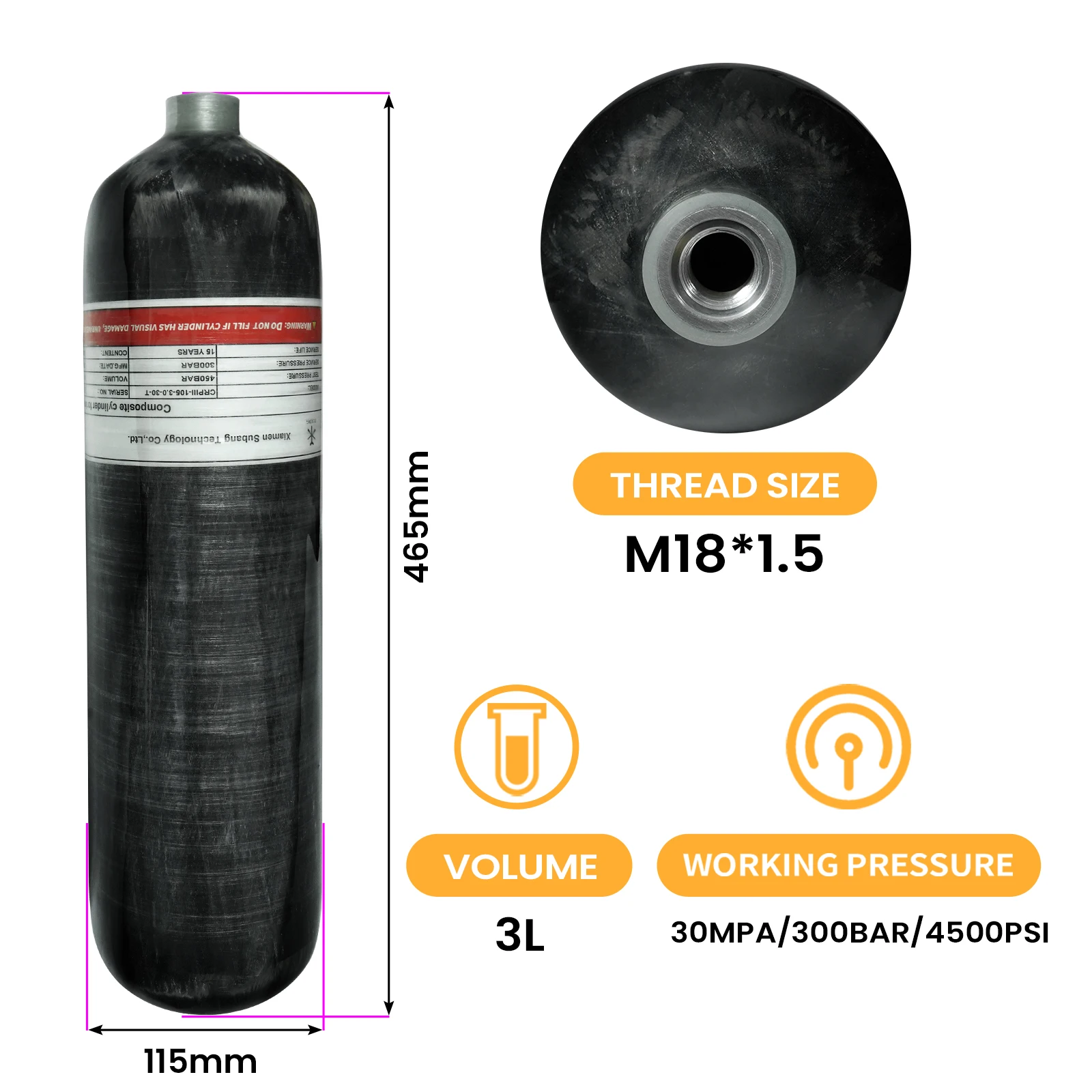 TUXING 300Bar 3L Carbon Fiber Cylinder 4500psi High Pressure Air Tank Scuba Divi