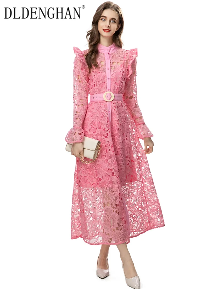 

DLDENGHAN Spring Long Dress Women Stand Collar Flare Sleeve Hollow Out Ruffles Belt Single Breasted Vintage Dress Fashion New