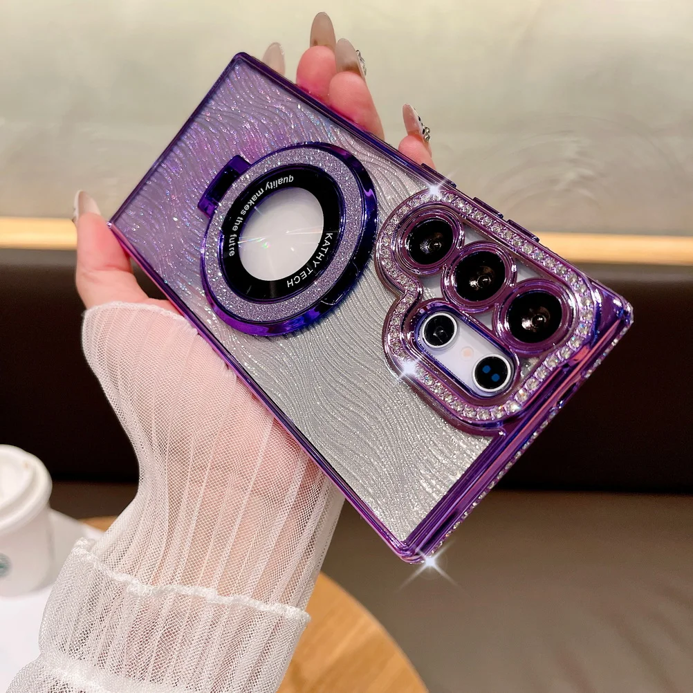Rhinestone Glitter Magnetic Mount Water Ripple Case with Camera Protection
