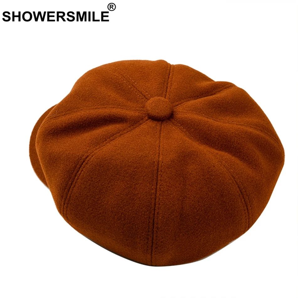 SHOWERSMILE Womens Newsboy Caps Beret Solid Wool Octagonal Cap Ladies Pink Painters Hat Female Autumn Colorful French Artist Hat