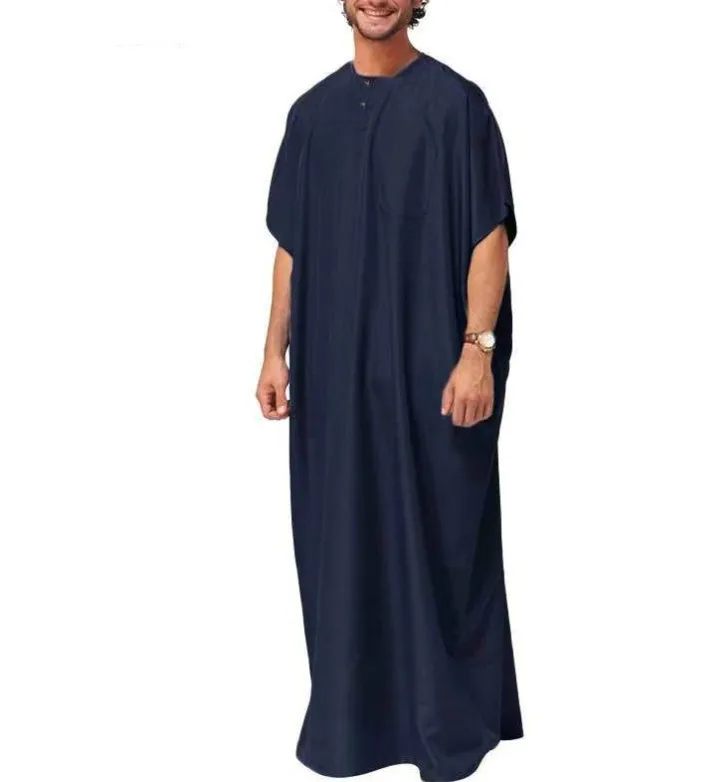 Muslim Men Jubba Thobe Short Sleeve Solid Color Breathable Robes Islamic Arabic Kaftan Men Abaya Ropas De Hombre árabe