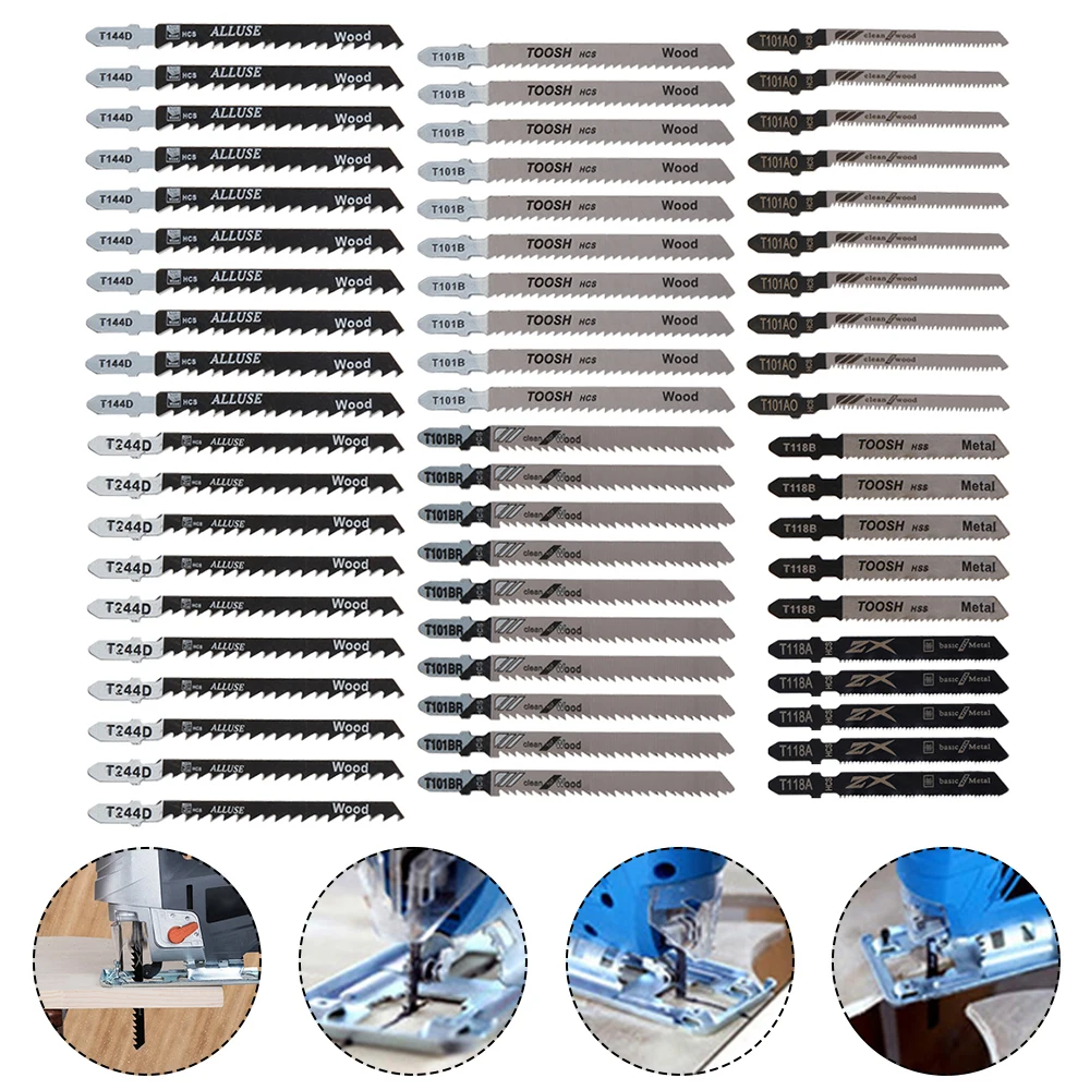 Jig Saw Blades 60Pcs Universal Jig Saw Blade Set HCS Assorted Blades Fast Cut Down Jig Saw Knife Cutter Accessories for Wood Plastic