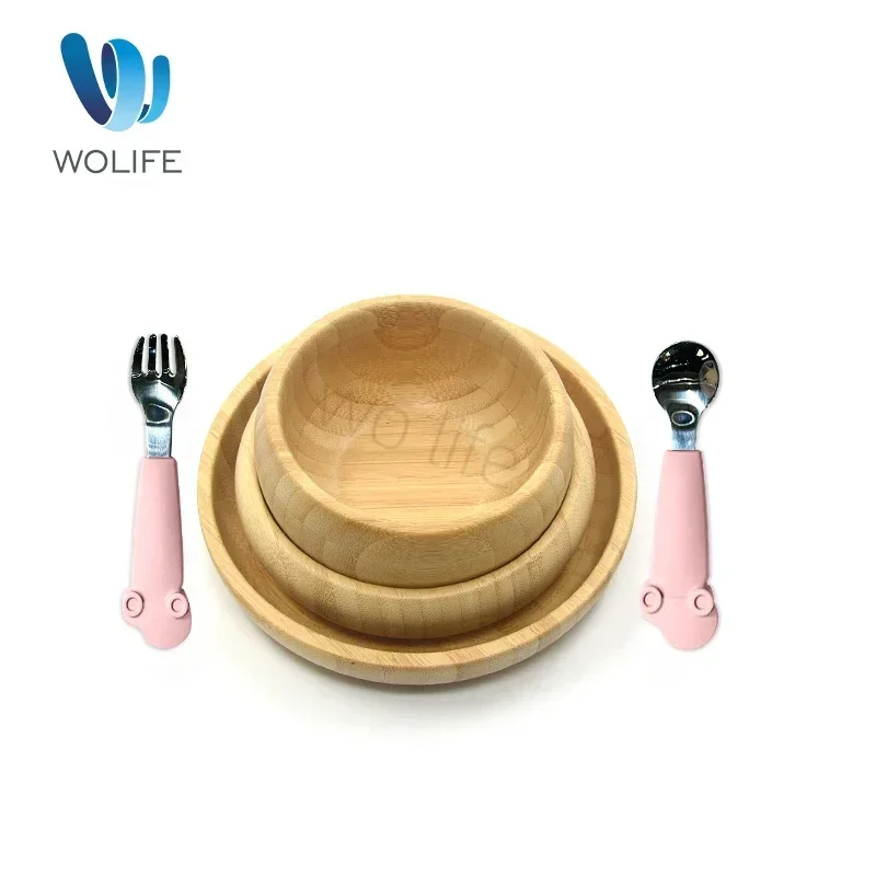 Natural Bamboo Tray For Children Cute Shaped Bamboo Tray Children's Feeding Tray Feeding Wooden Bowl and Spoon Set children feeding tray