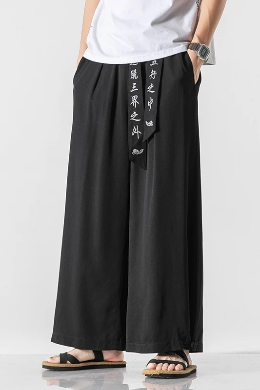 5XL Light Blue Chinese Style Wide Leg Trousers Streetwear Loose Cotton And Linen Hakama Black Wide Pants For Mens Japanese Zen