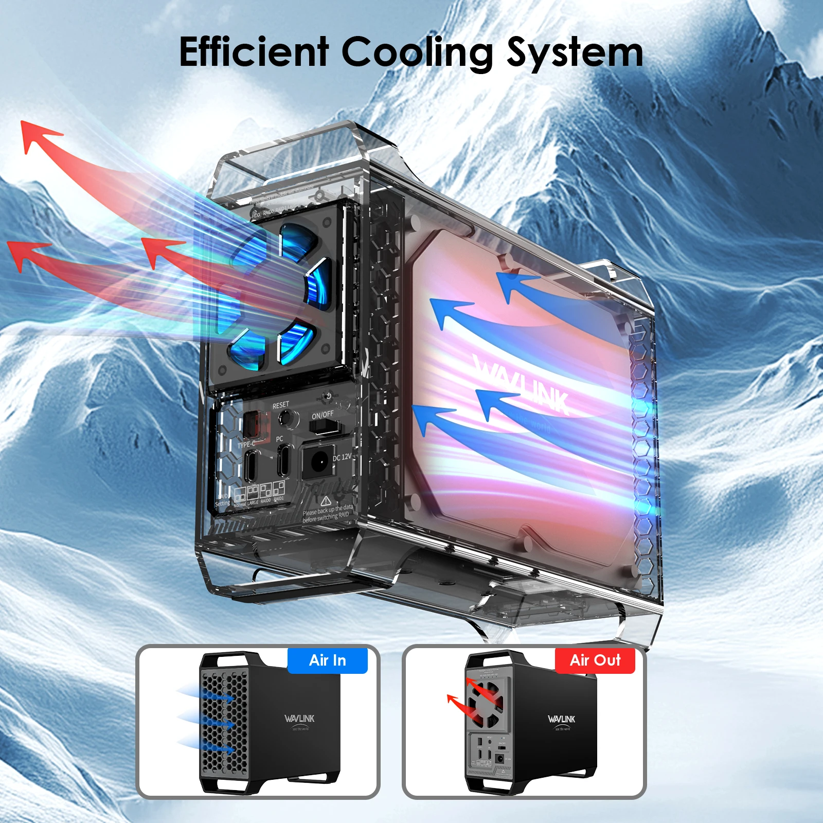 WAVLINK 2베이 하드 드라이브 인클로저 (3.5인치 및 2.5인치 SATA HDD/SSD용) 10Gbps USB-C 3.2 44TB 용량, 내장 냉각 팬 탑재