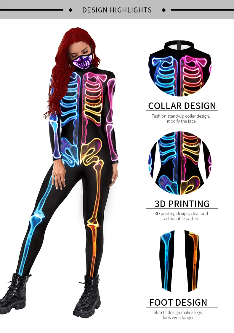 Adult Fluorescent Skeleton Print Halloween Cosplay Bodysuit for Women Ghost Jumpsuit Party Carnival Performance Scary Costume