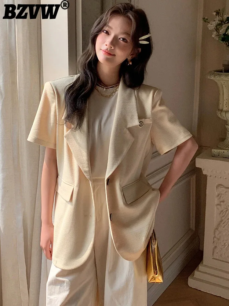 BZVW Minimalism Short Sleeve Blazers For Women Single Breasted Loose Jackets Fashion Coats Yellow 2024 Summer New 25X4083