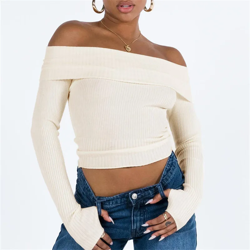 

Gaono Women Y2K Off Shoulder Sweater Long Sleeve Slim Fit Knit Crop Top Vintage Pullover Sweaters Fashion Knitwear