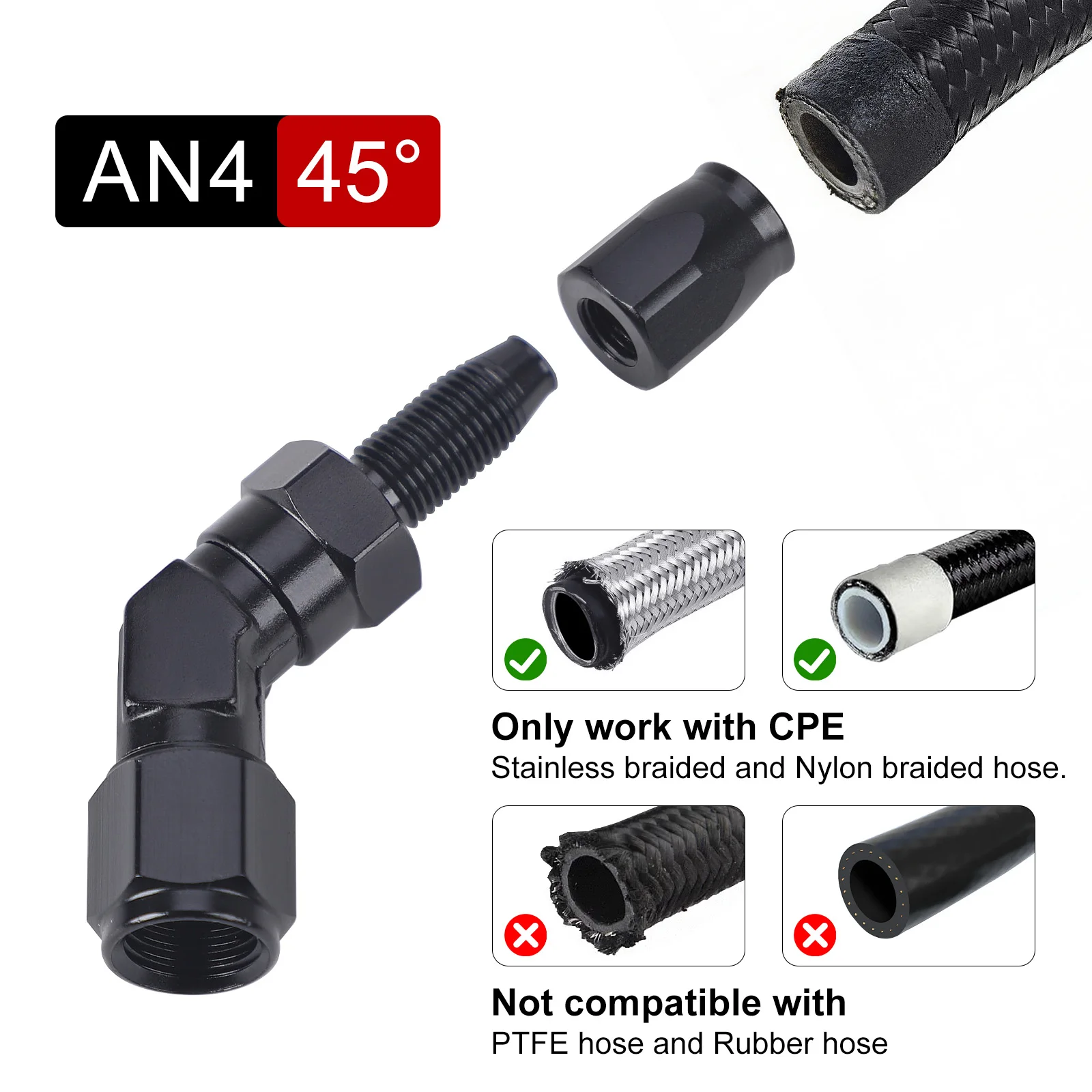 Schwarzer AN4 AN6 AN8 AN10 Aluminium Geschmiedeter Schwenkbarer Schlauchanschluss Adapter 45 Grad 90 Grad für Auto CPE Ölkühler Kraftstoffleitung – Detail 4
