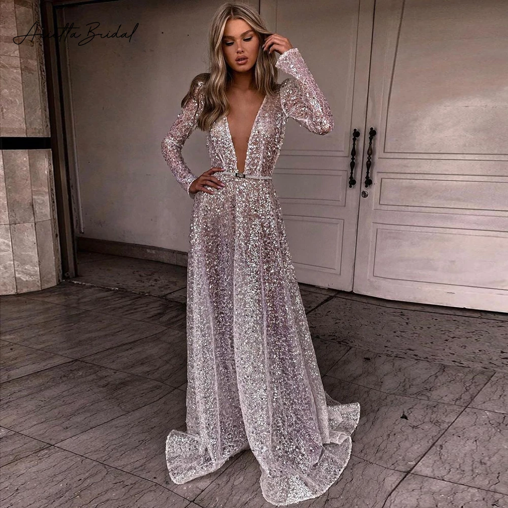 

Arietta Sexy Beaded Sequin Tulle Beach Wedding Dresses Plunging V-Neck Long Sleeves A-Line Bridal Gowns Backless Bride Dresses