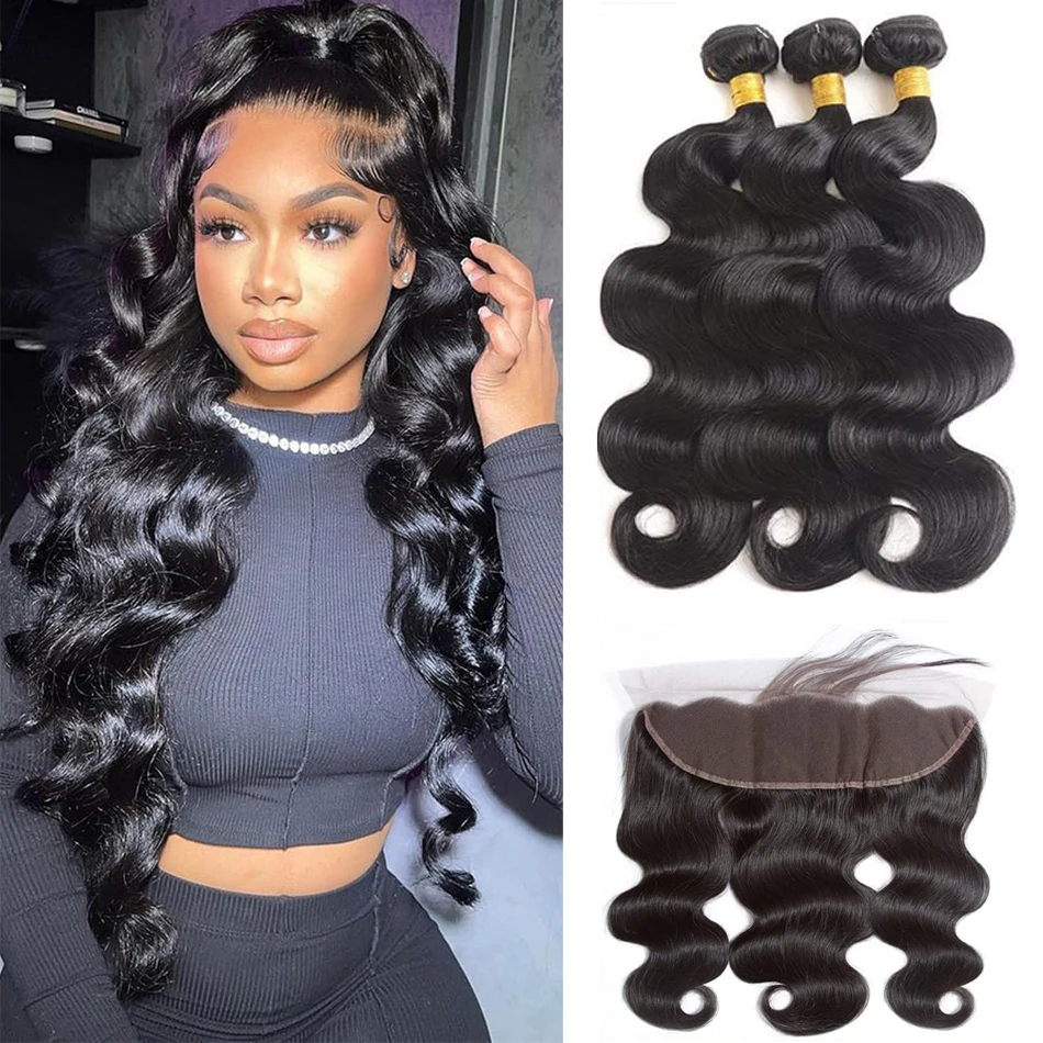 Human Hair Bundles with Closure Body Wave 100% Brazilian Virgin Remy Human Hair 3 Bundles with 13×4 Lace Closure Natural Color