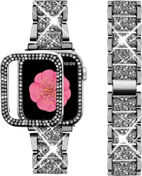 Luxurious Diamond Bling Strap & Case for Women - Metal Link Bracelet for Apple Watch (Black)