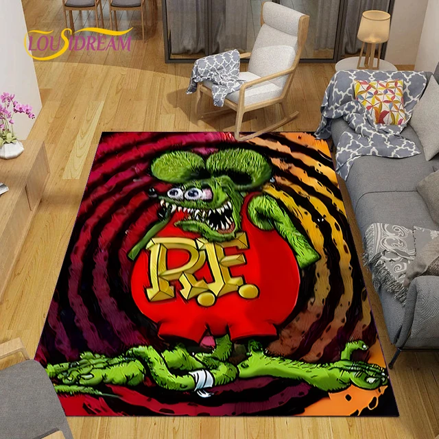 Funny Rat Fink Rug Garage Rug For Men Cartoon Rat Fink Area Rug