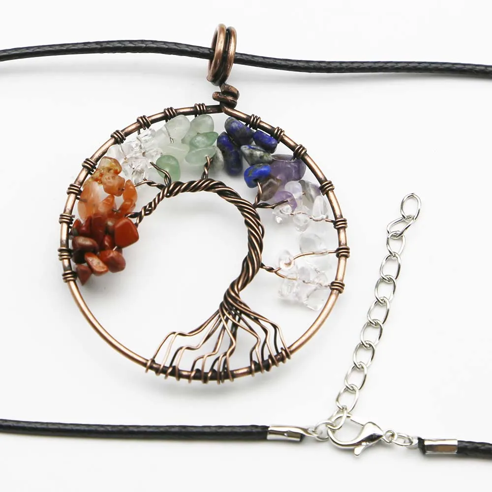 Natural Colorful Stone Crystal Fortune Life Tree Pendant Leather Rope Necklace Reiki Charm Fashion Jewelry Accessories Gift 6Pcs
