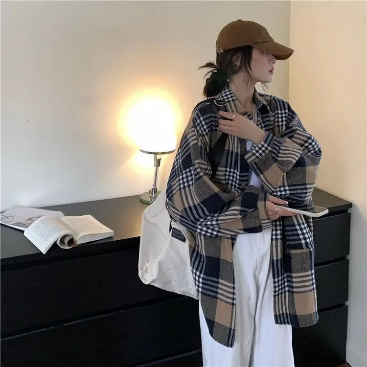 

Plaid Striped Blouse Shirts Women Autumn Vintage Long Sleeve Oversized Loose Harajuku Daily Match Outwear Tops Blusas Mujer 2023