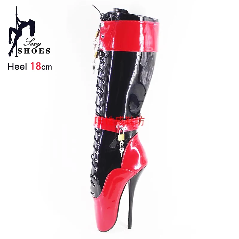 Size 36-46 Ballet Boots Lockable Padlocks Fetish 18CM/7Inch With Locks Keys Mid-calf Boots Customized Stiletto Chic Women Shoes