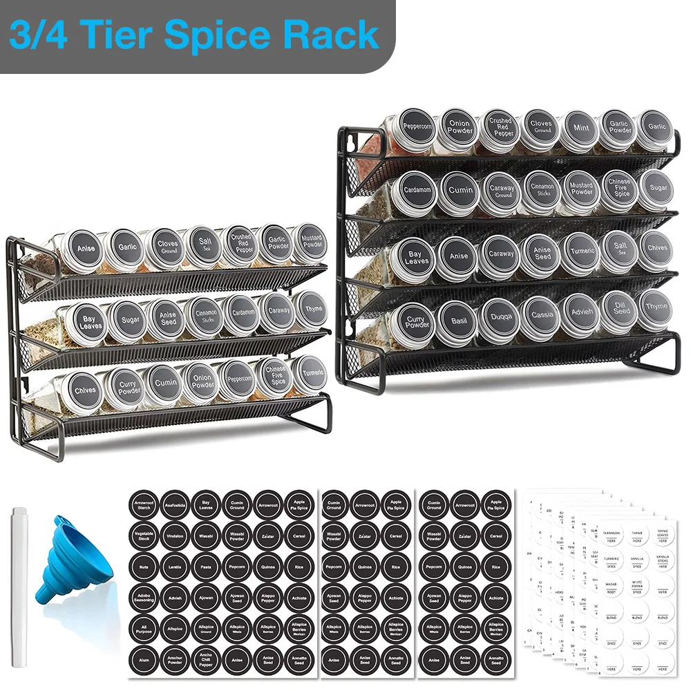 Kitchen Spice Rack 3/4 Tier Wall Mounted With Glass Jars