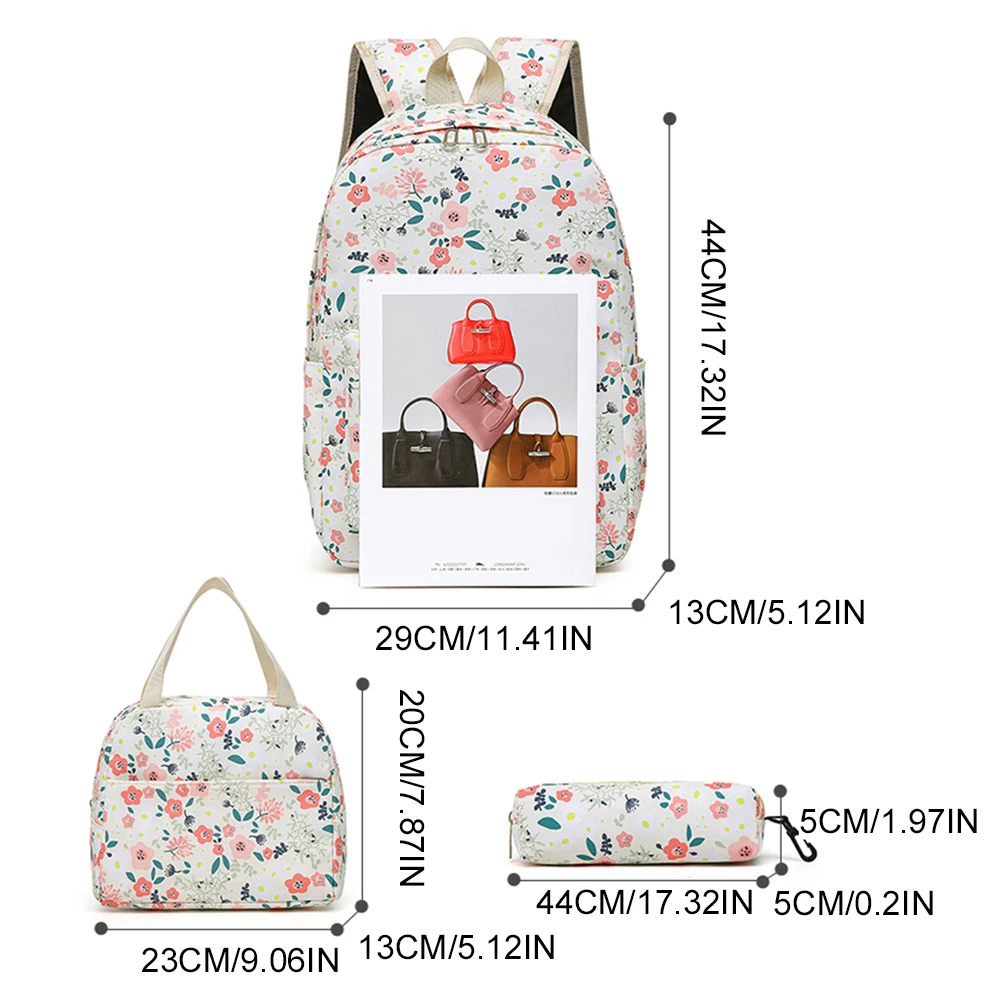 3Pcs Floral Backpack Set Teenagers Book Bag with Lunch Bag & Pen Case Simple Travel Backpack Large Capacity Travel Daypack