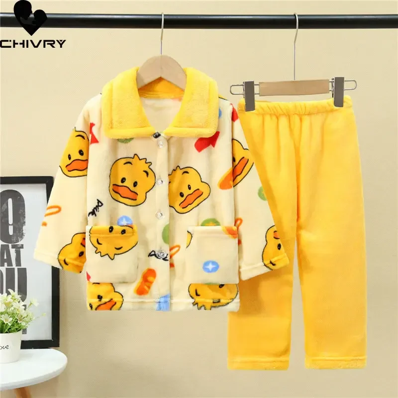 New 2023 Kids Flannel Pajama Sets Autumn Winter Boys Girls Warm Cartoon Long Sleeve Lapel Tops with Pants Sleeping Clothing Set