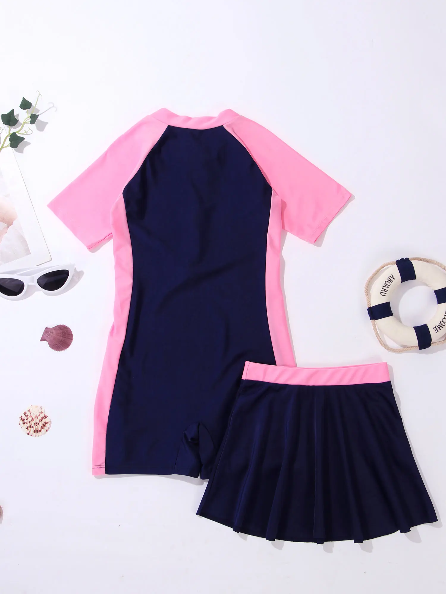 2Pcs Kids Girls Swimsuit Mock Neck Short Sleeves Front Zipper Short Jumpsuit Skirt Set girls swimsuit