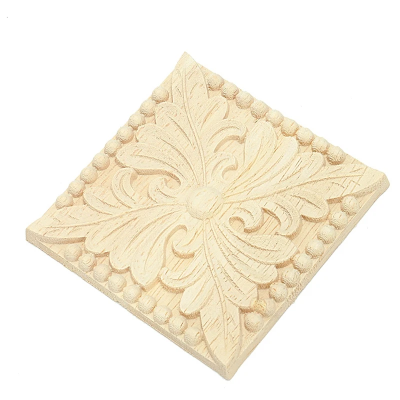 

2X Natural Wood Appliques Square Flower Carving Decals Decorative Wooden Mouldings 10X10cm