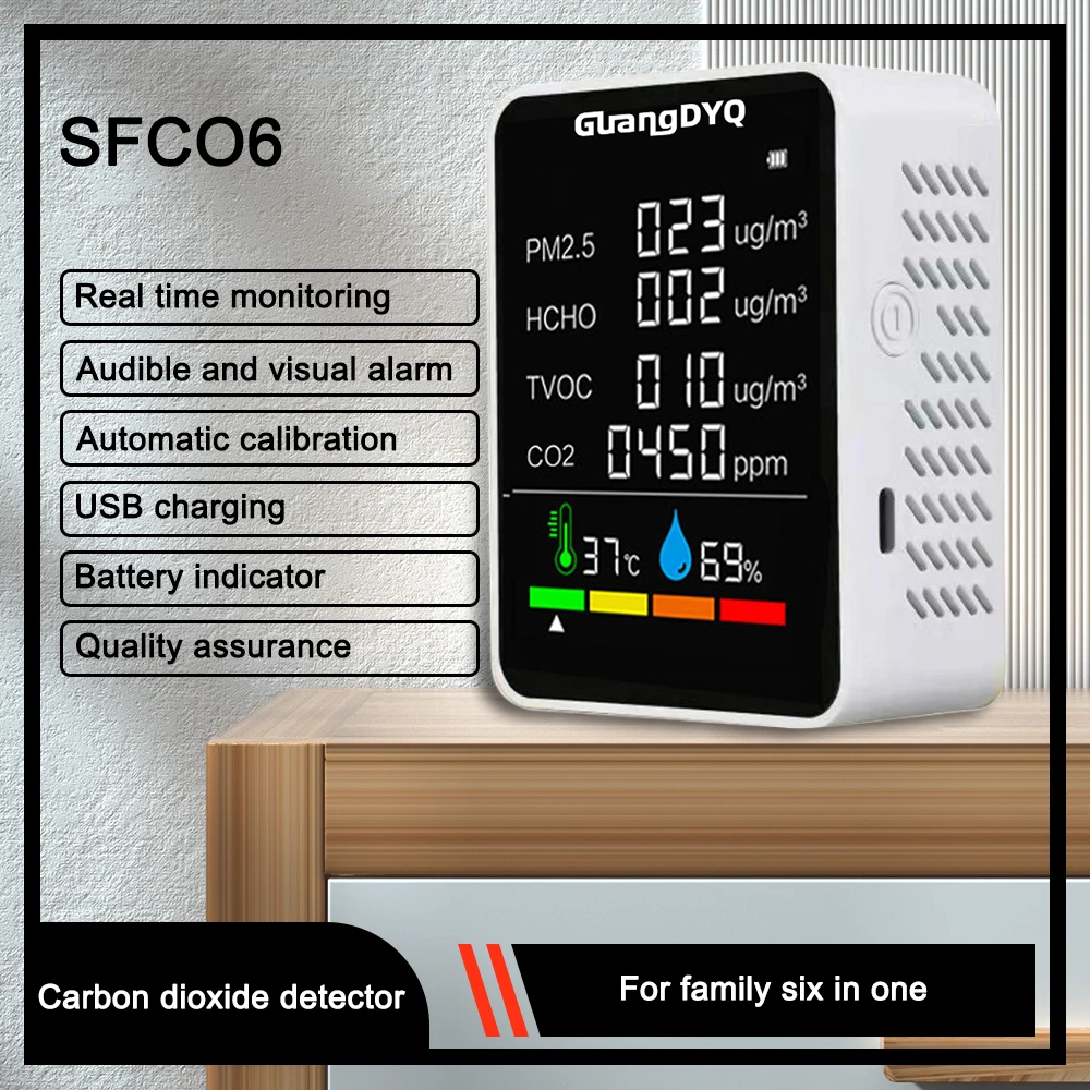 For Home 6 in1 CO2 Meter Digital Temperature Humidity Sensor Tester Air Quality Monitor Carbon Dioxide TVOC HCHO Detector