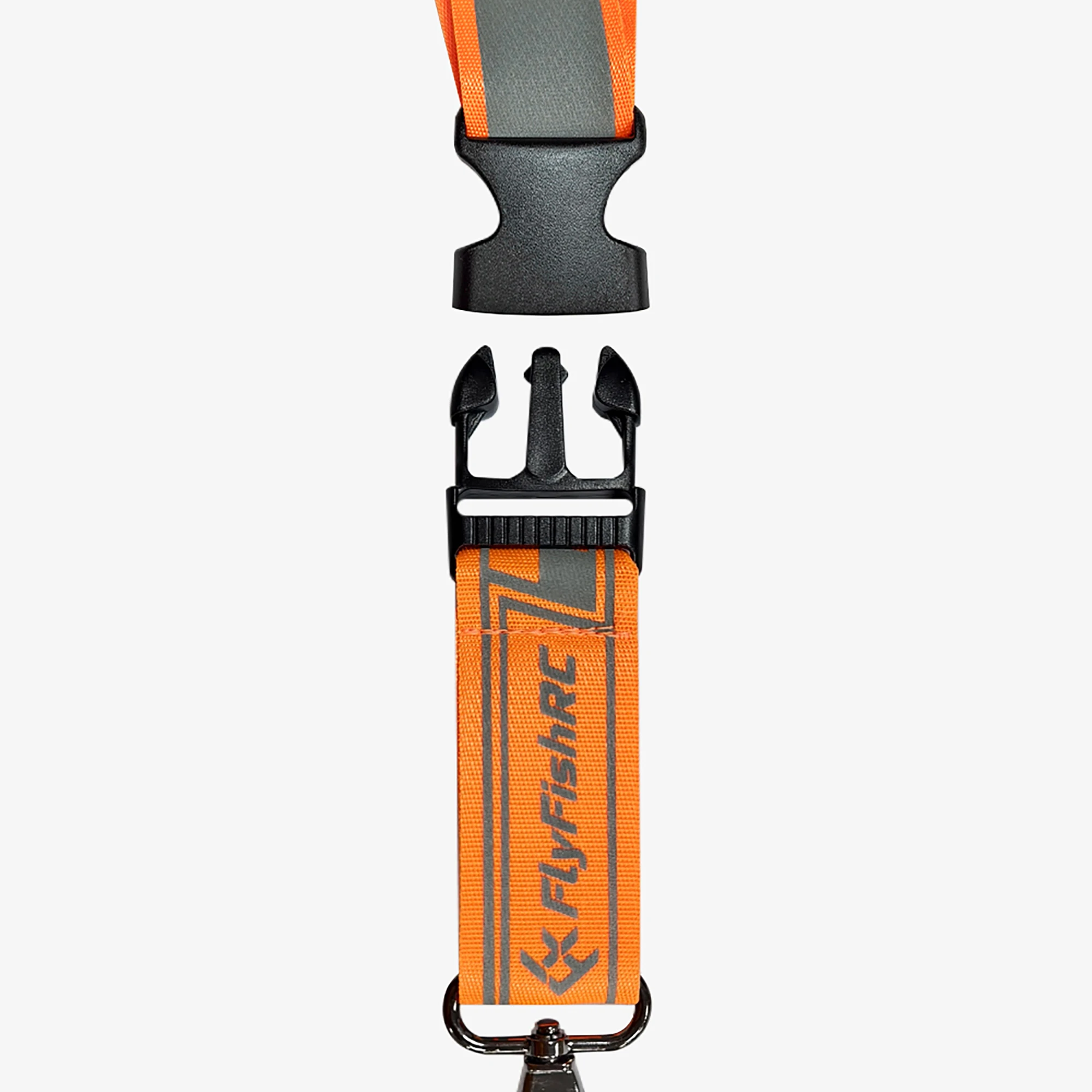Détail du mousqueton robuste et de la sangle ajustable FlyFishRC, parfaite pour sécuriser votre émetteur RC ELRS.