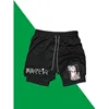 Frieren Print 2-in-1 Running Workout Shorts Men Gym Performance Compression Shorts with Phone Pocket Towel Athletic Activewear