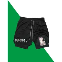 Frieren Print 2-in-1 Running Workout Shorts Men Gym Performance Compression Shorts with Phone Pocket Towel Athletic Activewear