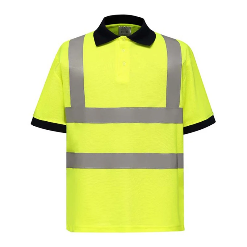 Hi Vis 반팔 폴로 짧은 안전 폴로 셔츠, 네이비 옐로우 오렌지, 높은 가시성 반사 작업 셔츠