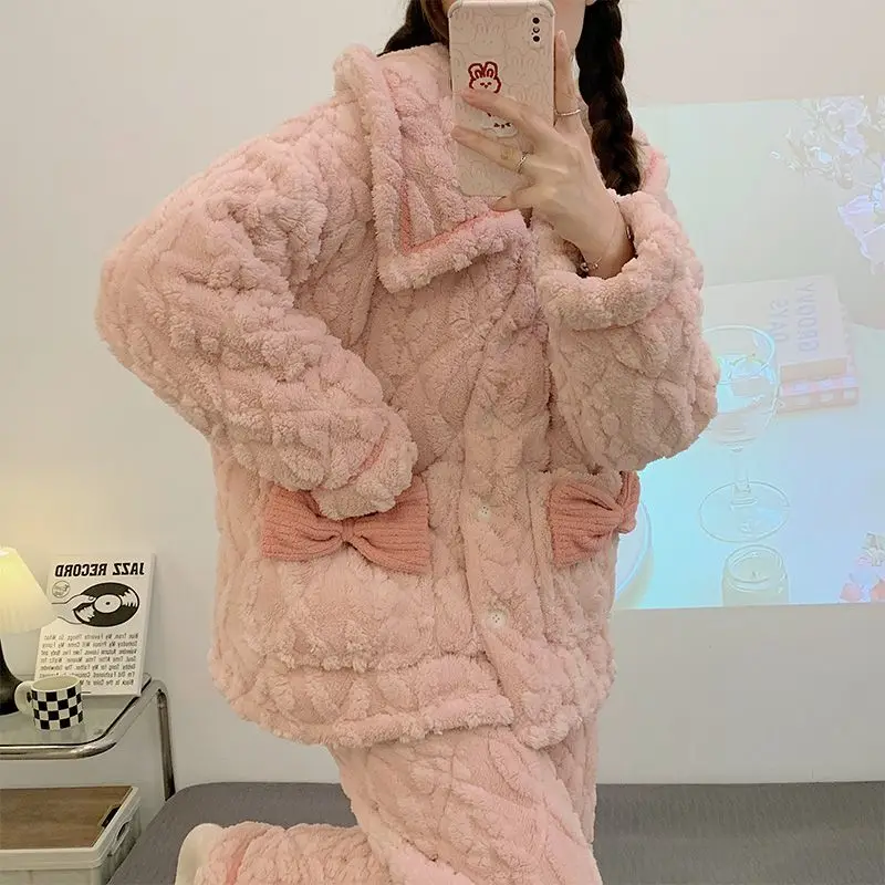 Winter New Women Three-Layer Quilted Extra Thick Velvet Pajamas Female Thermal Coral Fleece Nightclothes Suit Sweet Homewear