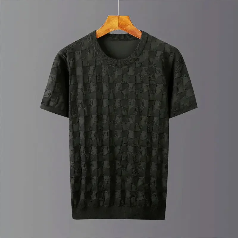 

2023 Summer High Quality New Men Solid Color Casual Knit T-shirt Male Slim Fit Fashion Round Collar Short Sleeve T-shirt