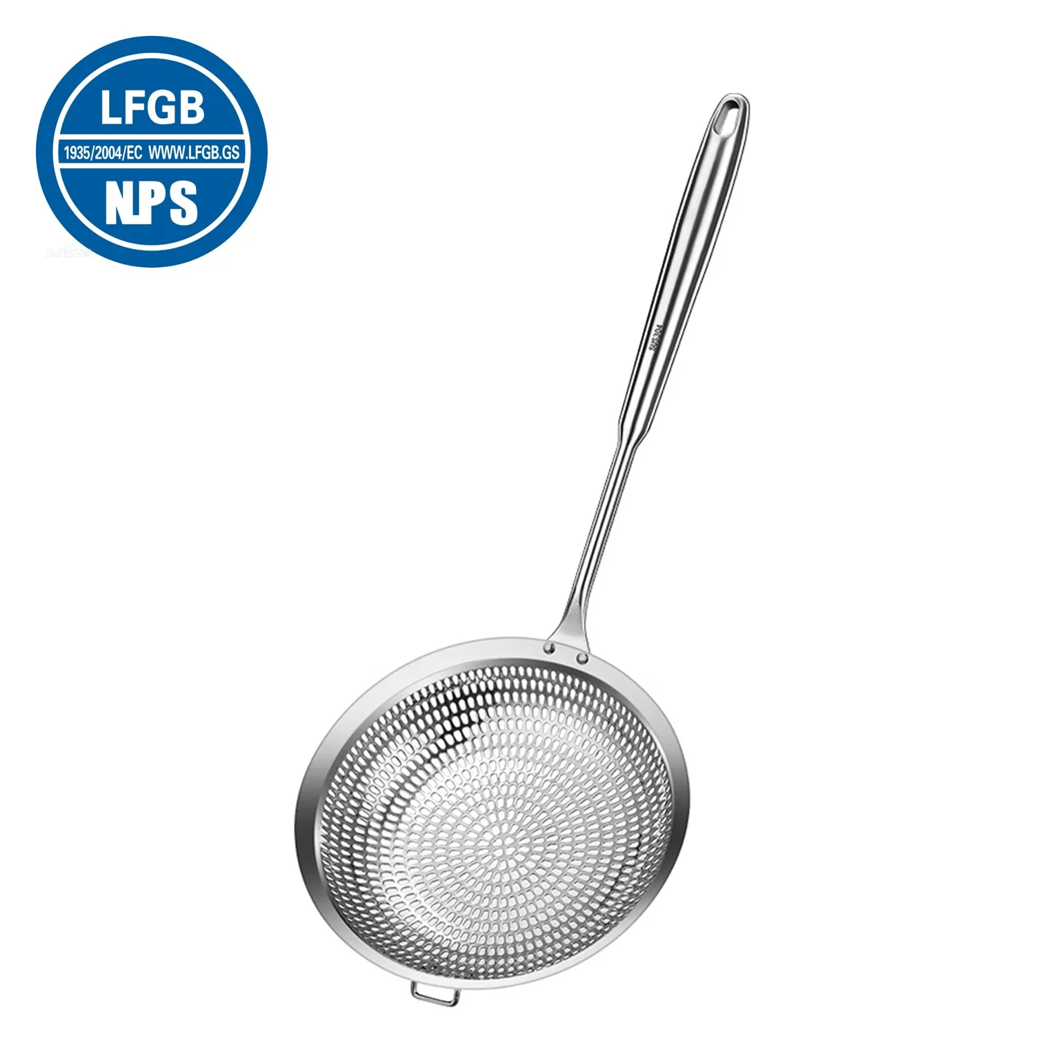 مصفاة مطبخ من الفولاذ المقاوم للصدأ بشهادة LFGB 304 مع مصفاة طبخ مضادة للسقوط مع ثقوب كثيفة وموحدة
