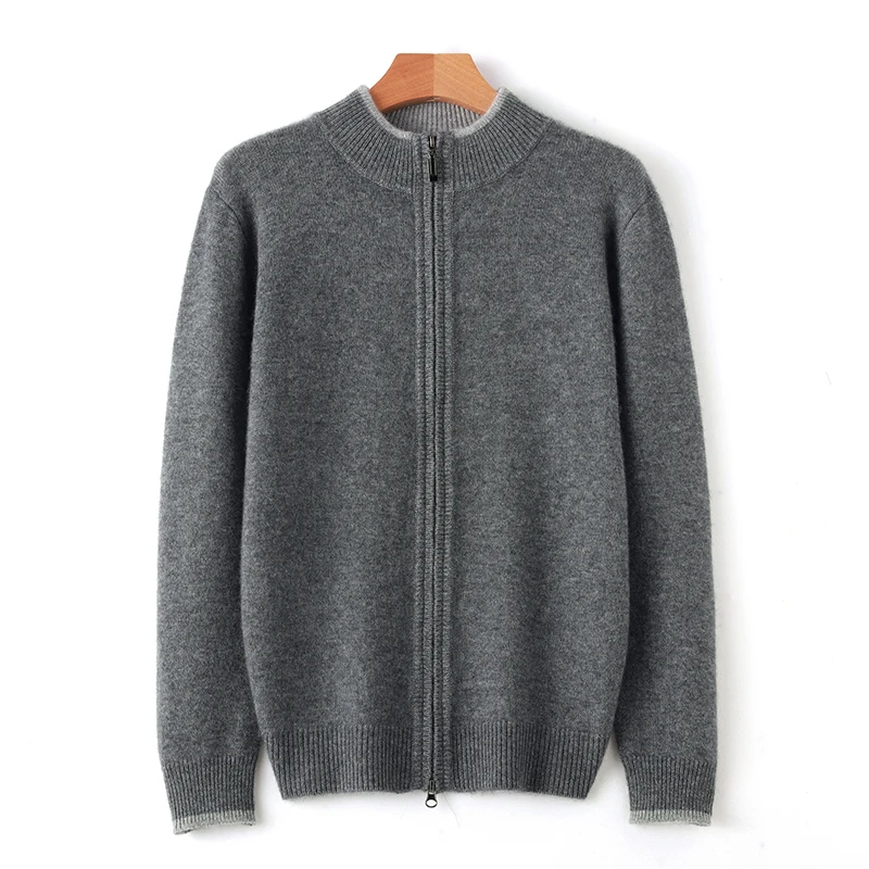 2023 Autumn/Winter New 100% Pure Cashmere Sweater Men's Half High Neck Knitted Zippered Cardigan Solid Color Wool Top Coat