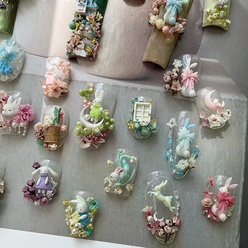 3 Pcs Silicone 3D Nail Art Molds - Cute Cartoon Rabbit Moon Cake Flower Templates for Acrylic Nails DIY Manicure Design Tools