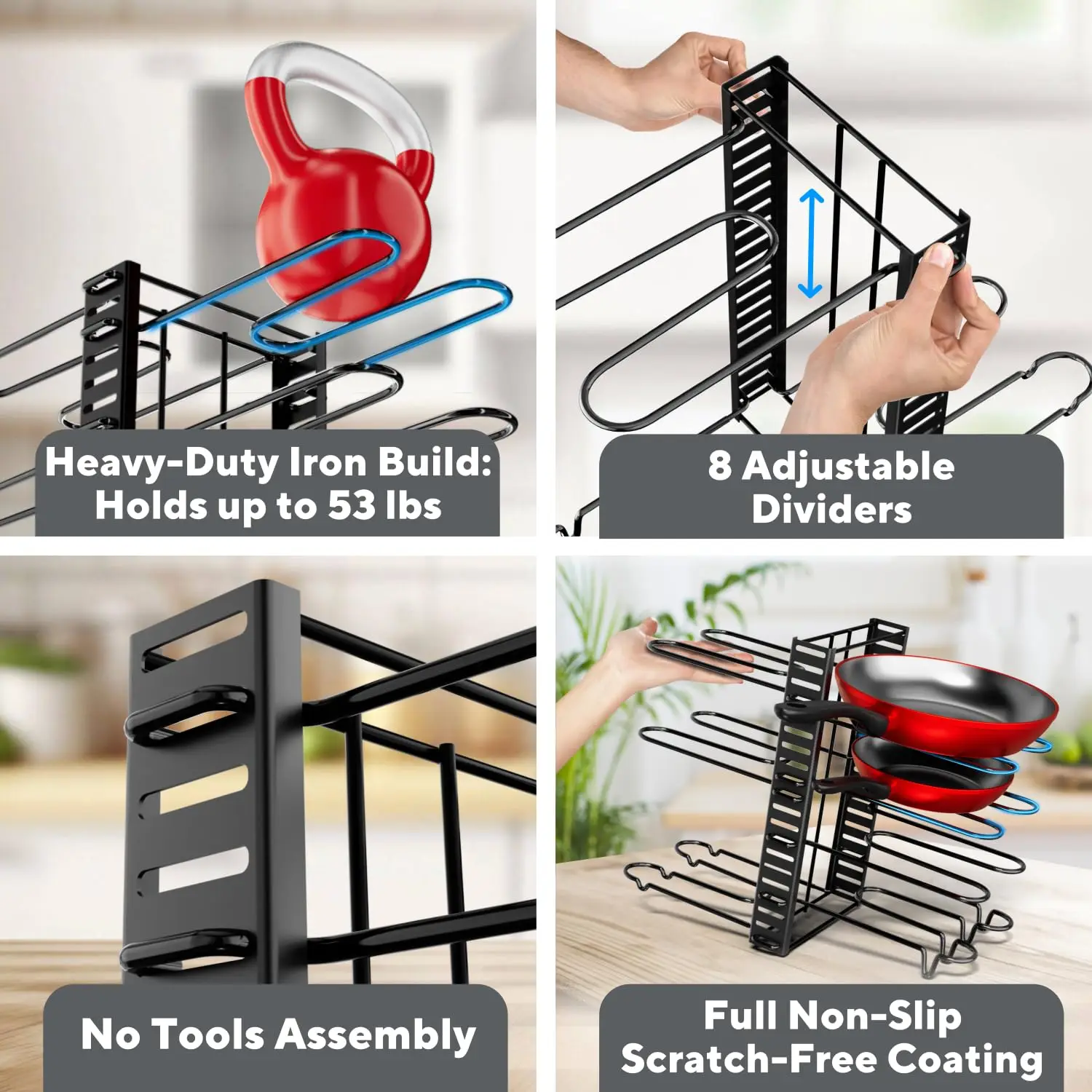 Pots and Pans Organizer Under Cabinet-8-Tier Adjustable Pan Organizer Rack for Cabinet-Heavy-Duty Pot & Pan Perf