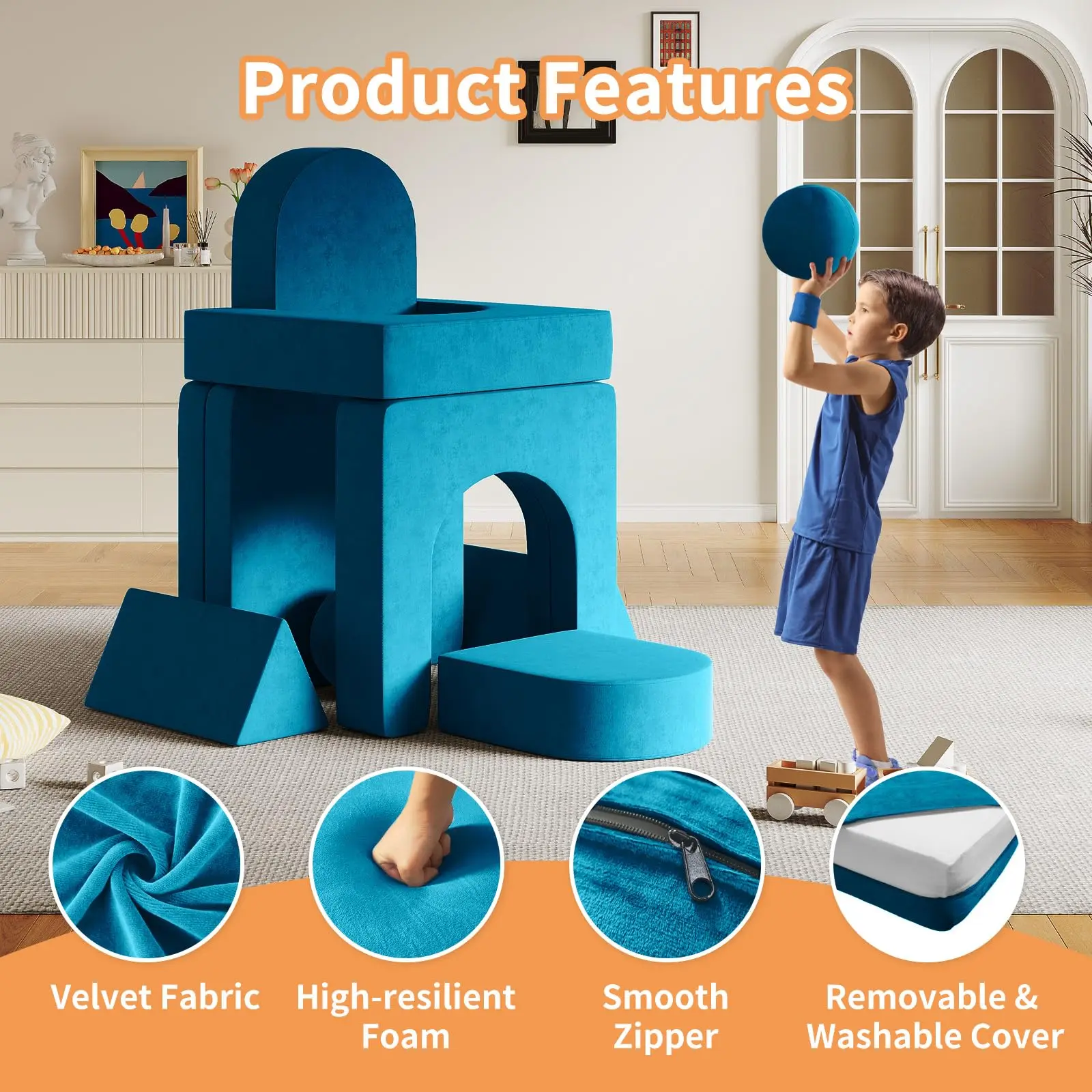 Creative Children's Foam Sofa with Spherical Modules and Tunnel Elements Foldable children's Couch 9pcs Toddler Sofa for Bedroom 4