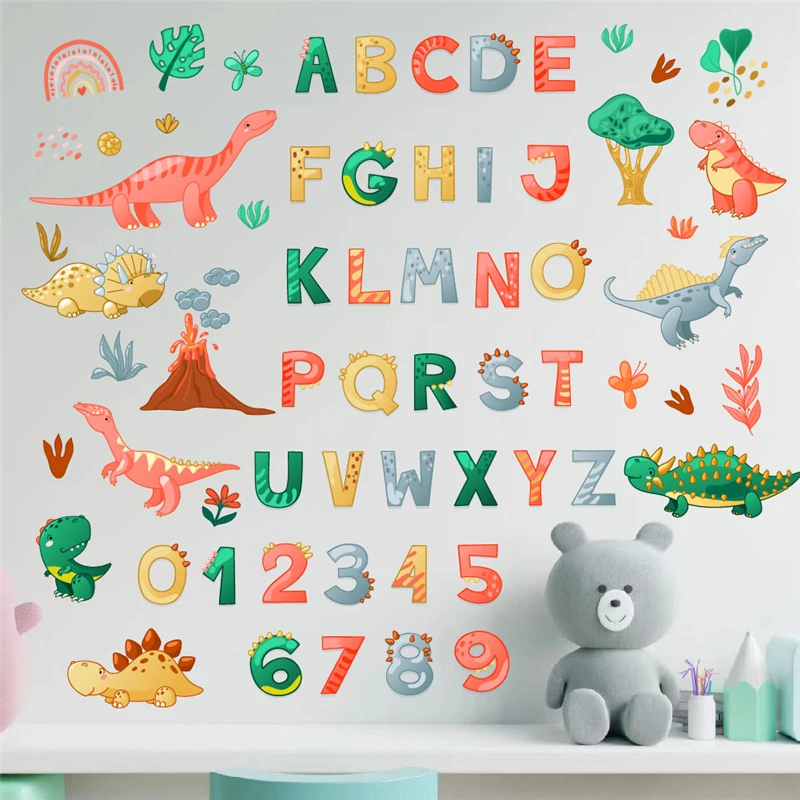 Wall Stickers Study With Cartoon Dinosaurs Wall Stickers For Kids Room Decoration Numbers English Alphabet Mural Art Home Decal Nursery Poster
