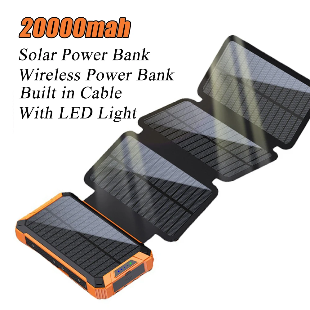 

Power Bank 20000mah Outdoor Solar Powered Powerbank With Charging Cable LED Light Wireless Poverbank For iPhone 12 13 Pro Xiaomi