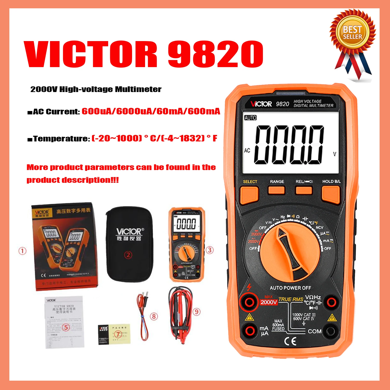 VICTOR 9820 2000V High-voltage Multimeter AC-DC Multimeter Digital High-precision Intelligent Anti-burn Automatic Identification