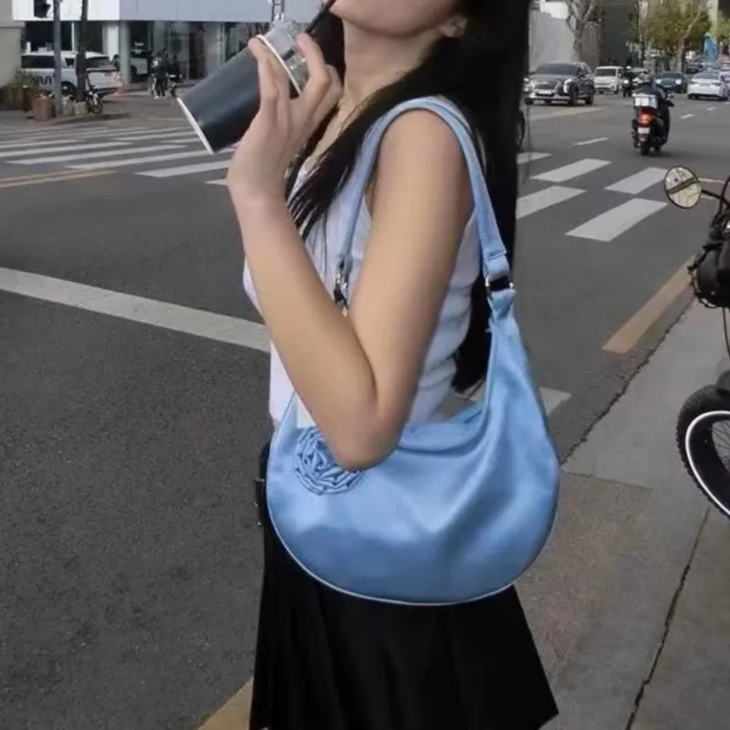 JIAERDI Fairy Core Y2k Bag Women Hot Girls Silk Rose Blossoms Half Moon Shoulder Bags Handbag Female Blue Underarm Bag Purse
