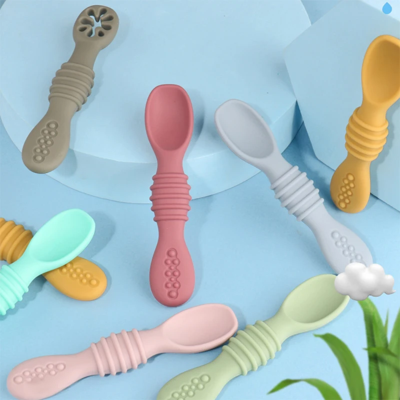 

2PCS Cute Baby Learning Spoons Utensils Set Food Grade Silicone Sticky Spoon Children Cutlery Training Spoon Feeding Tableware