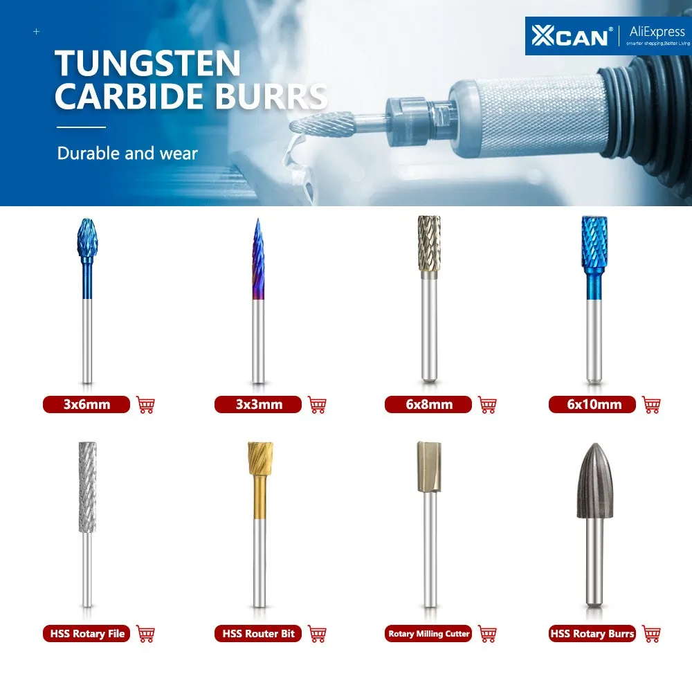 Description Picture 2 of itemXCAN 1Box 3mm Shank Tungsten Carbide Rotary Burrs 6mm Diameter Double Cut Rotary File Router RASPS