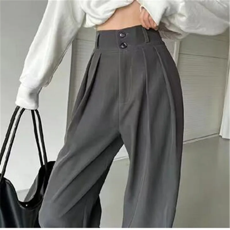 Black Suit Pants for Women Korean 2 Buttons Wide Leg Trousers Vintage Streetwear High Fashion Office Ladies Work Bottoms 2023 womens suits fashion single buttons business blazer solid casual coat trousers 2 pcs set office ladies wear wide leg pants