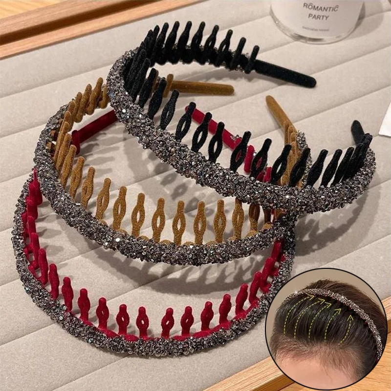 

Elegant Rhinestone Flocking Bezel Hair Hoops for Women Ladies Solid Color Toothed Non-Slip Headband Hair Band Hair Accessories