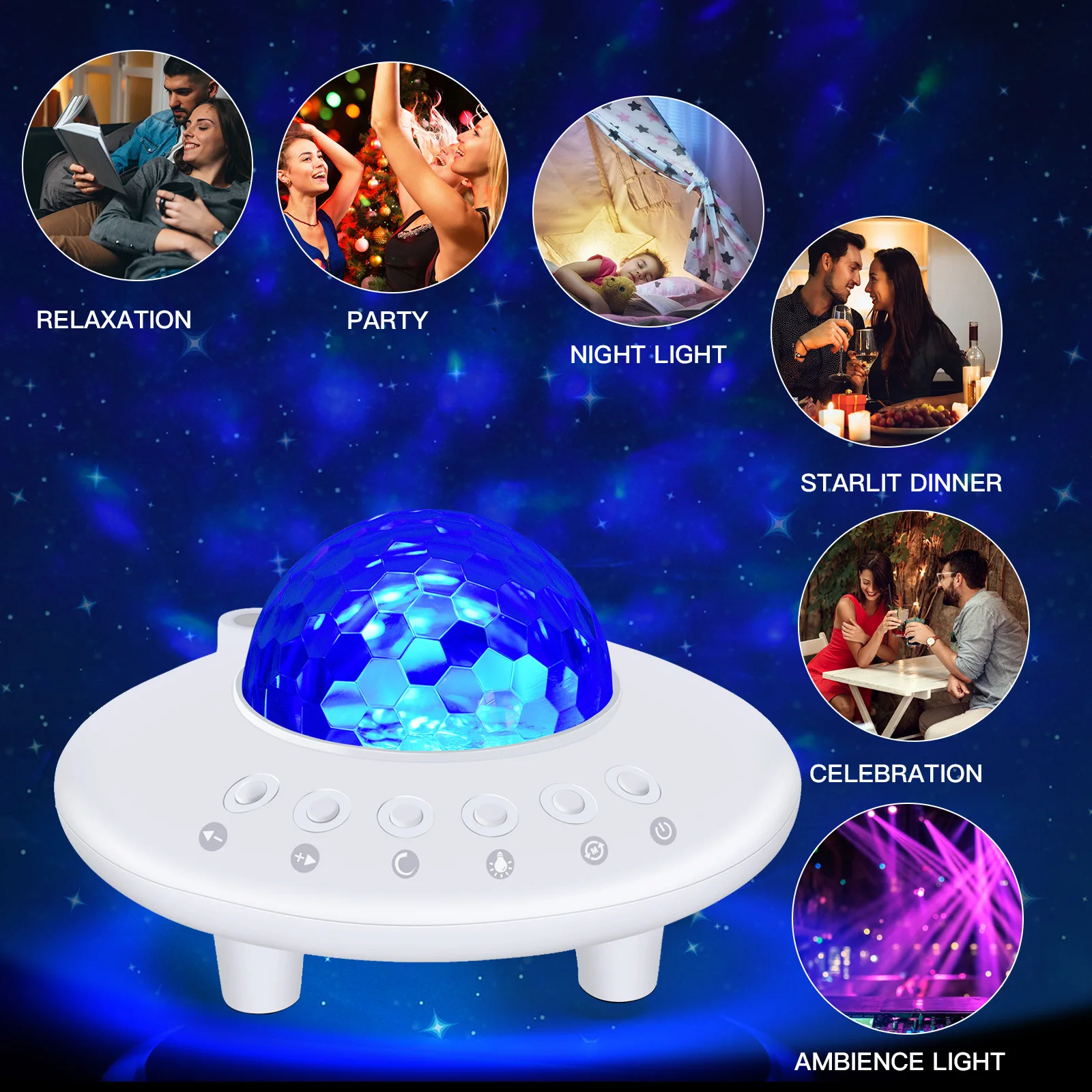 

UFO Starry Sky Projection Light Bluetooth Music Full Sky Star Water Ripple Projector White Noise Atmosphere Light