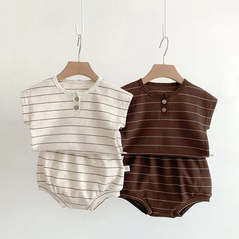 Summer Baby Girls Clothes Set Stripe Boys Infant Clothing Set Top PP Shorts Suit 2PCS Outfits Toddler Baby's Leisure Sports Set 1