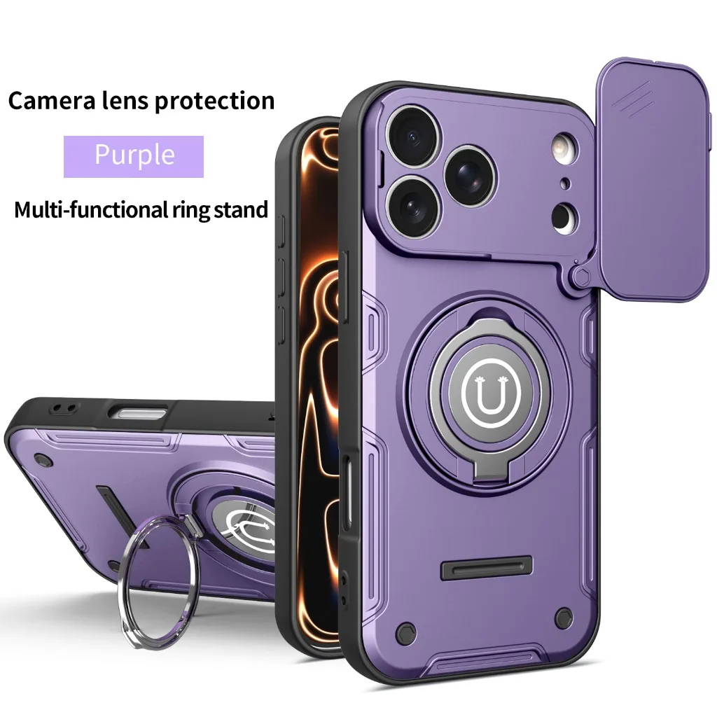 Magnetic 360° Ring Kickstand Shockproof Phone Case with Slide Camera Cover and Car Mount Holder