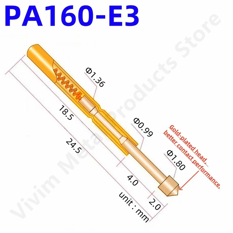 

100/PCS/bag Spring Test Probe PA160-E3 Metal Brass Home Durable And Convenient Probe Length 24.5mm Dia 1.36mm